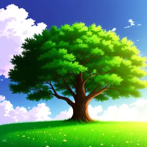 Serene Summer Landscape under Majestic Oak Tree