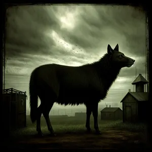 Brown Shepherd Dog Watching Horses in the Pasture