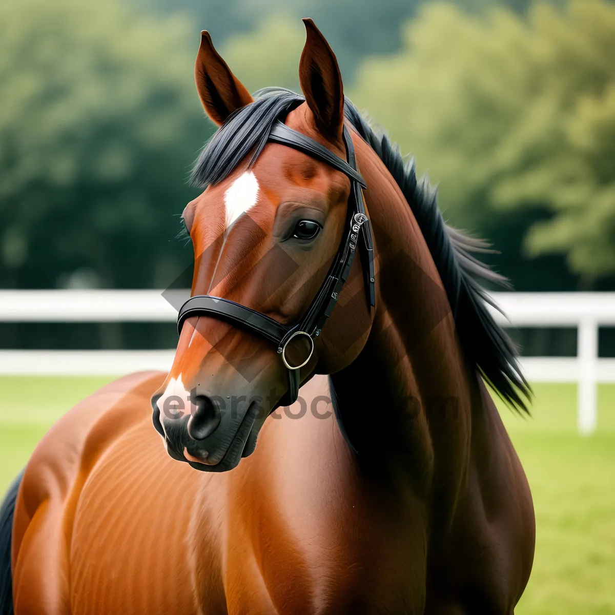 Picture of Majestic Brown Stallion in Rural Meadow.