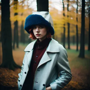 Smiling professional businesswoman in suit and hat outdoors.