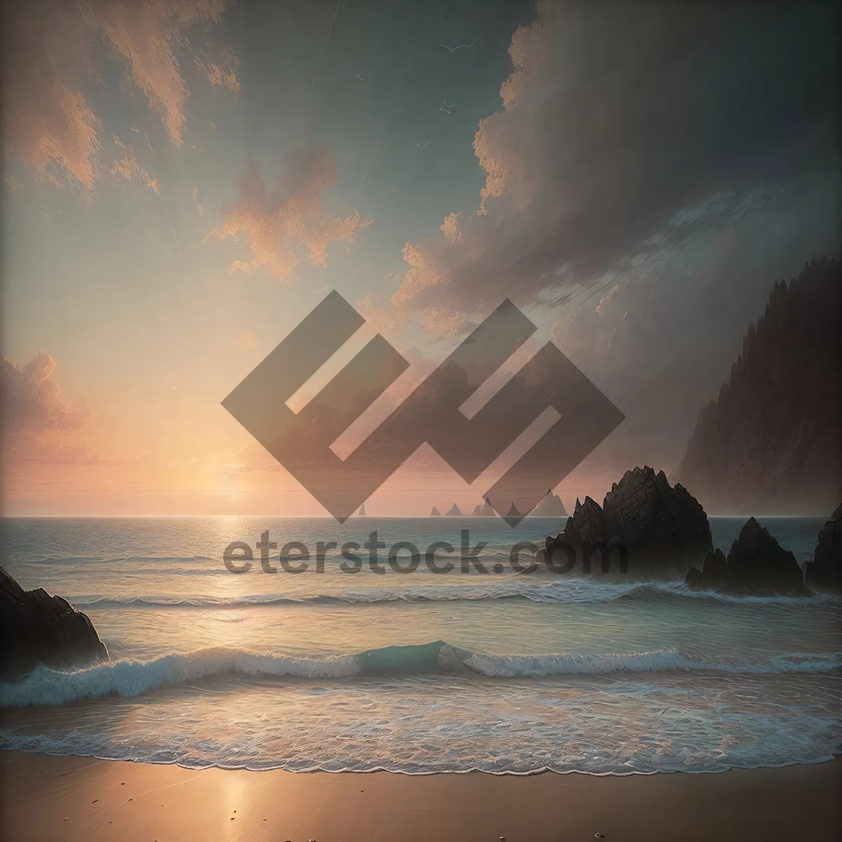 Picture of Serene Coastal Sunrise with Shipwreck on Beach