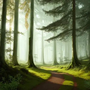 Enchanting Misty Forest Landscape in Morning Sunlight