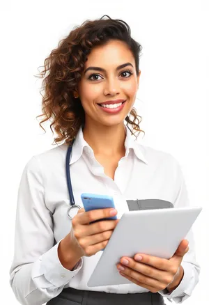 Professional businesswoman with laptop in office smiling confidently