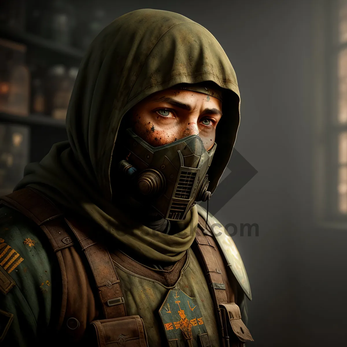 Picture of Soldier in gas mask with weapon