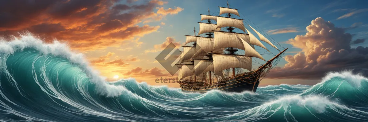 Picture of Pirate ship sailing on the vast ocean.