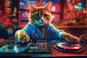 Feline DJ Kitty with Cute Eyes on Screen