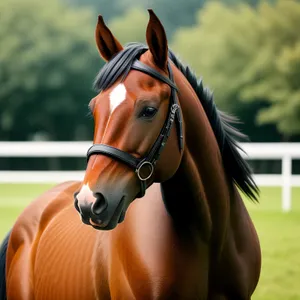 Majestic Brown Stallion in Rural Meadow.