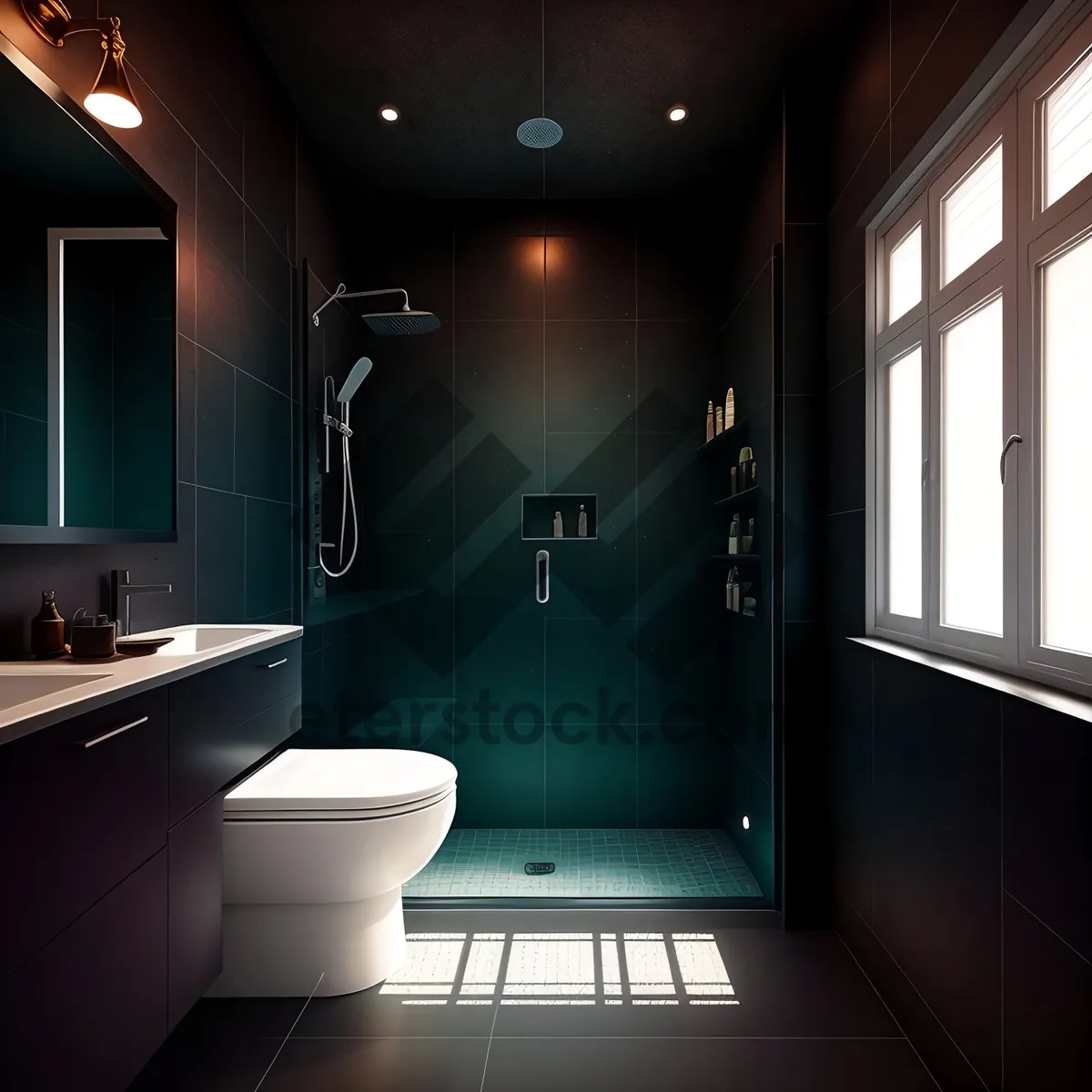 Picture of Luxury hotel bathroom with modern bathtub and elegant decor.