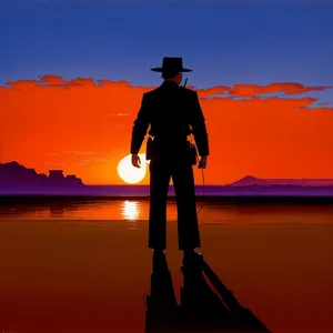 Sunset Serenity on Beach: Silhouette of Man Amidst Celestial Beauty