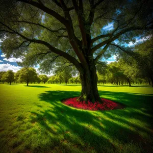 Serene Woodland Path amidst Lush Foliage and Towering Trees