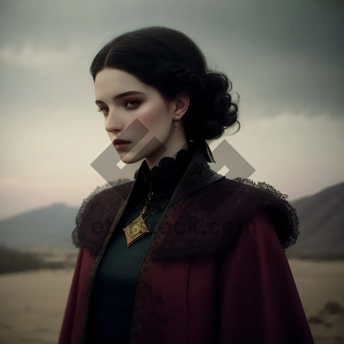 Picture of Happy brunette fashion model wearing a kimono robe.