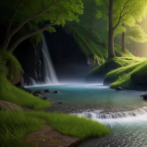 Serene Waterfall in Lush Forest: Captivating Nature's Flow