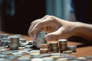 Stack of coins and dollar bills on table