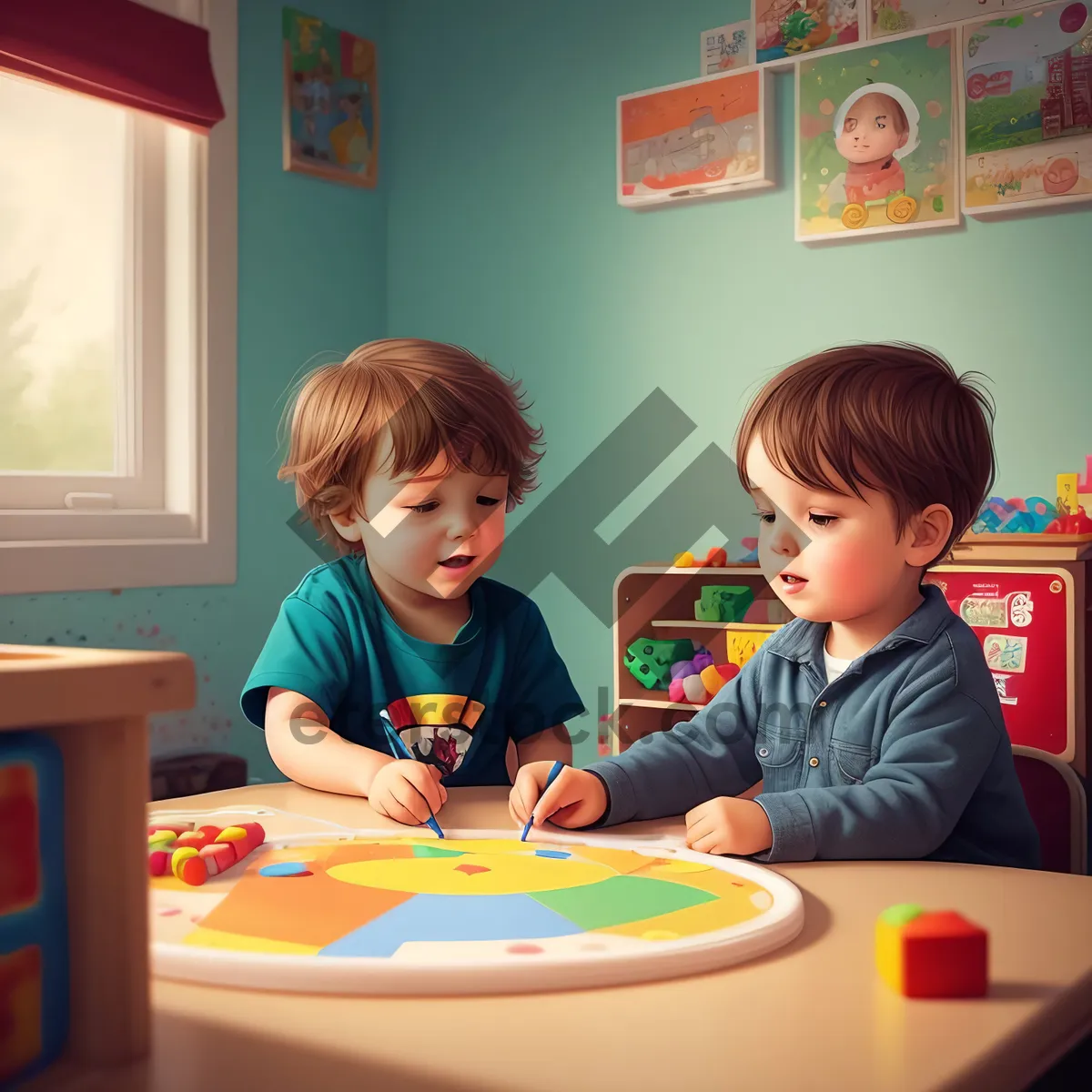 Picture of Joyful siblings learning together in preschool.