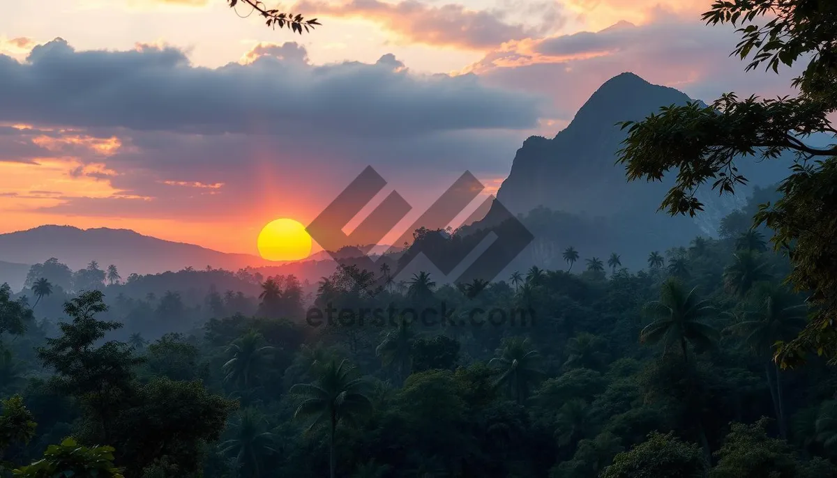 Picture of Celestial sunset over mountain forest and volcanic sky