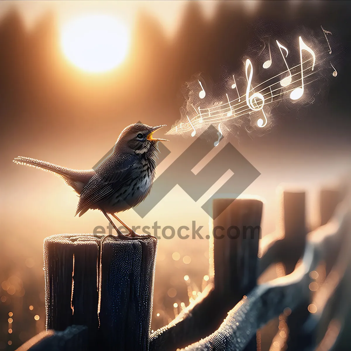 Picture of Cute Bird Singing a Frosty Tune With Music Notes