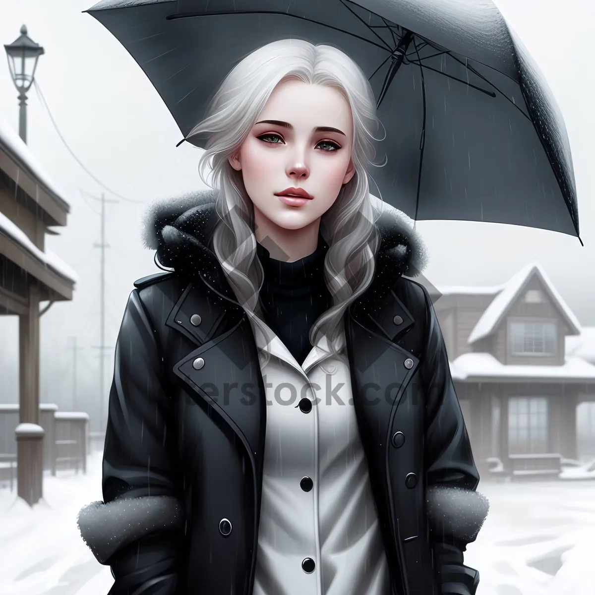 Picture of Cheerful Businesswoman Under Canopy with Trench Coat