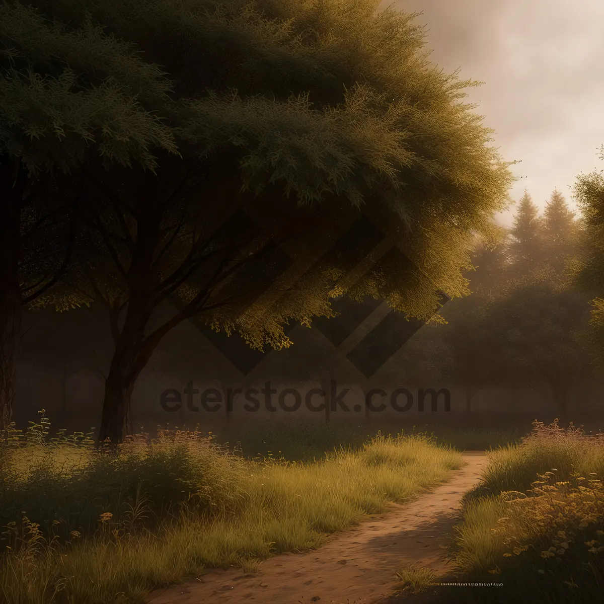 Picture of Sunset over Countryside Landscape with Trees and Clouds"
(Note: The text provided is more than 10 words, but it encompasses all the relevant tags provided.)