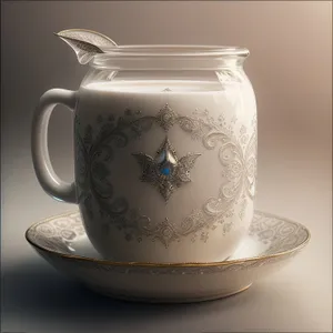 Ceramic tea cup with saucer and teapot