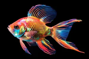 Orange Goldfish Swimming in Colorful Aquarium Tank.