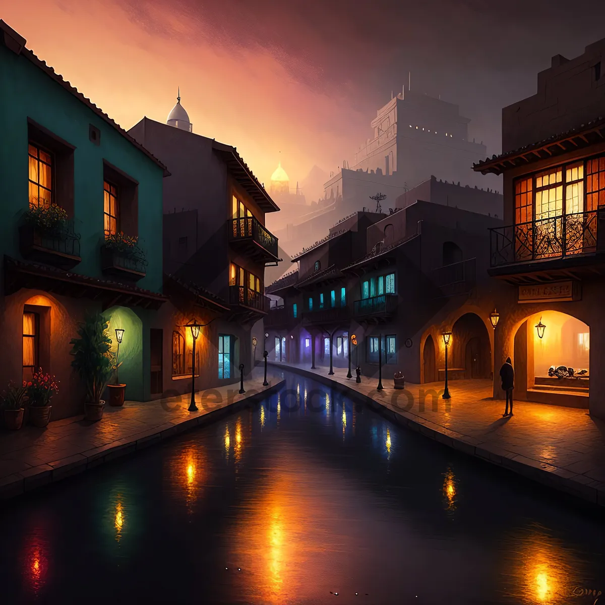 Picture of Nighttime cityscape with historic buildings reflecting on the tranquil waters of a majestic river.