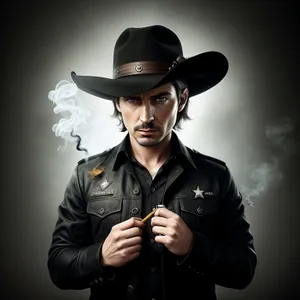 Cowboy Man Wearing Black Hat with Hand