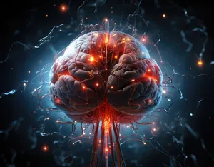 Science fiction concept of ai. Artificial brain as the most important element of the artificial intelligence system. Electronic chips and memory elements are integrated into the brain structure.