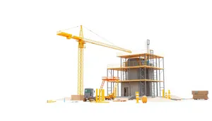 Industrial crane lifting cargo on construction site.