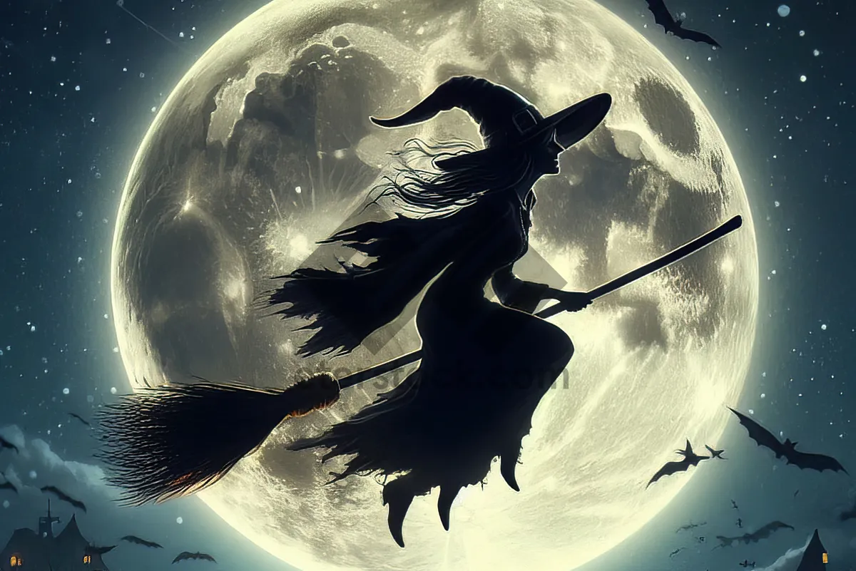 Picture of Witch flying on a broomstick against full moon and night sky with clouds, Halloween holiday. AI, Generation, Illustration