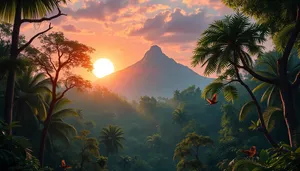 Tropical sunset over beach with palm trees.