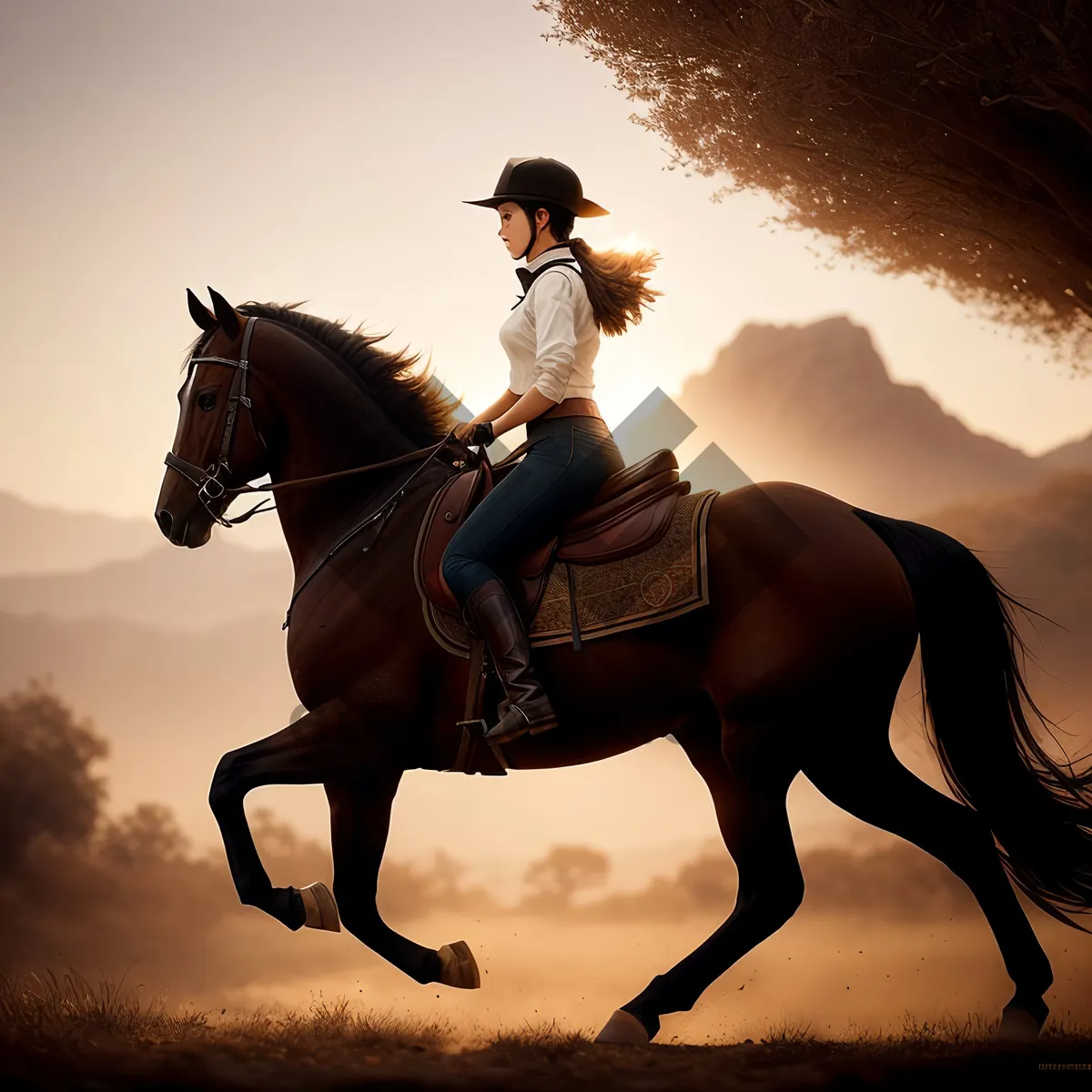 Picture of Silhouette of Rider on Stallion at Sunset