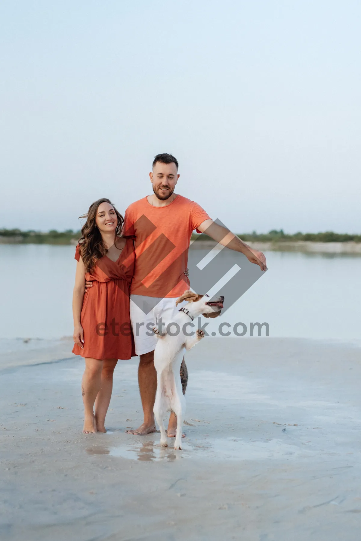 Picture of Happy couple walking with dog on beach vacation.