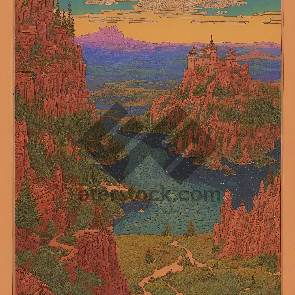 Picture of Grand Canyon National Park Landscape Puzzle: Majestic Mountains and River under Orange Desert Sky.