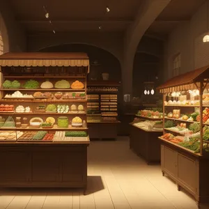 Modern supermarket interior with counter and tables