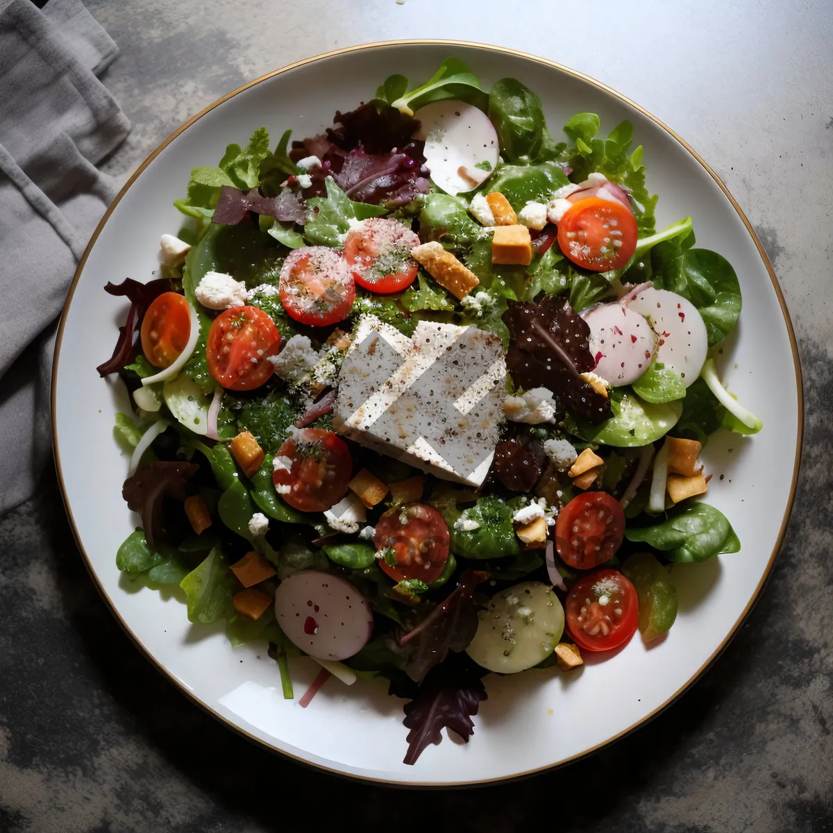 Picture of Fresh vegetable salad with grilled chicken and olives