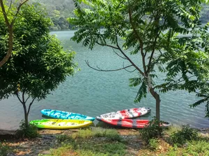 Small Boat on Summer Lake Shoreline Landscape View