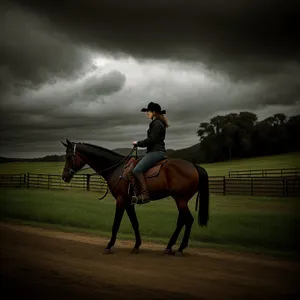 Brown Stallion with Stock Saddle in Field