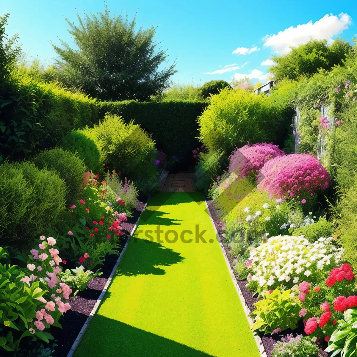 Picture of Serene Summer Park Landscape with Vibrant Garden Flowers