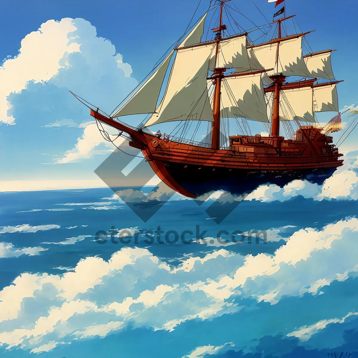 Picture of Vintage Pirate Ship Sailing in Harbor