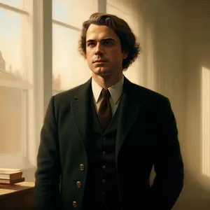 Attractive businessman in office meeting, smiling confidently.