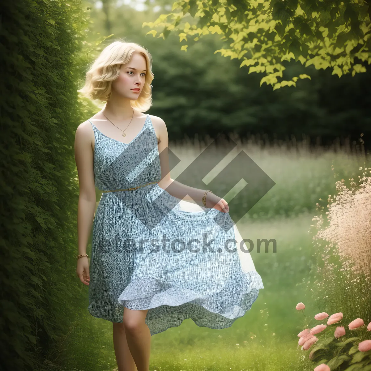 Picture of Blond bride in summer park playing croquet