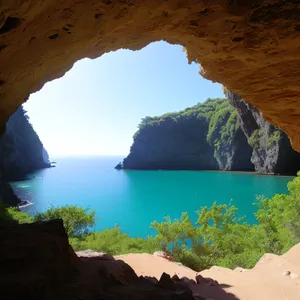 Coastal Serenity: Majestic Mountains, Cave, and Beach