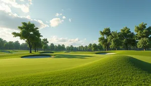 Sunlit Golf Course in Rural Landscape with Clouds