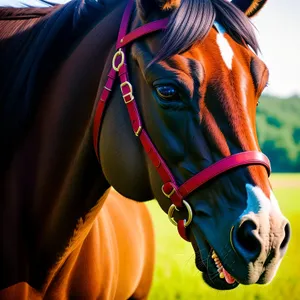 Thoroughbred stallion with brown bridle and mane.