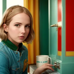 Happy woman with a coffee mug in the kitchen