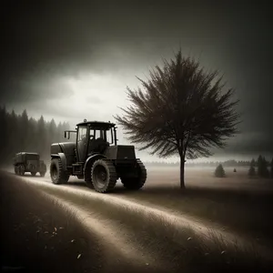 Rural Farm Tractor hauling Trailer in Harvest Field
