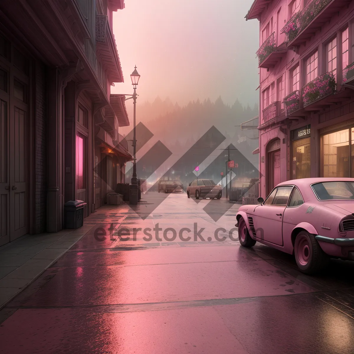 Picture of Cityscape at night with historic buildings and cars