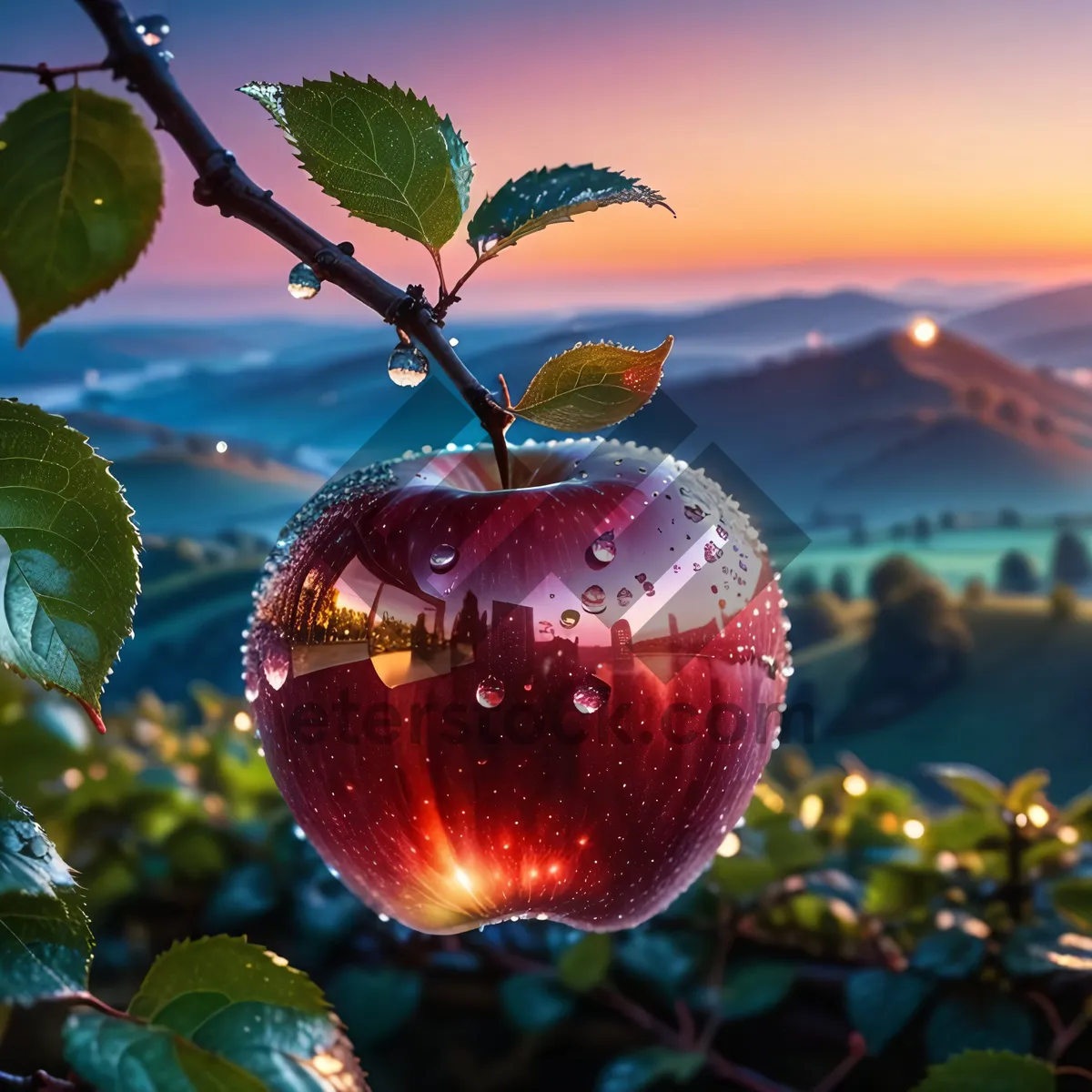 Picture of Red Delicious Apple Decorations on Winter Tree Branch