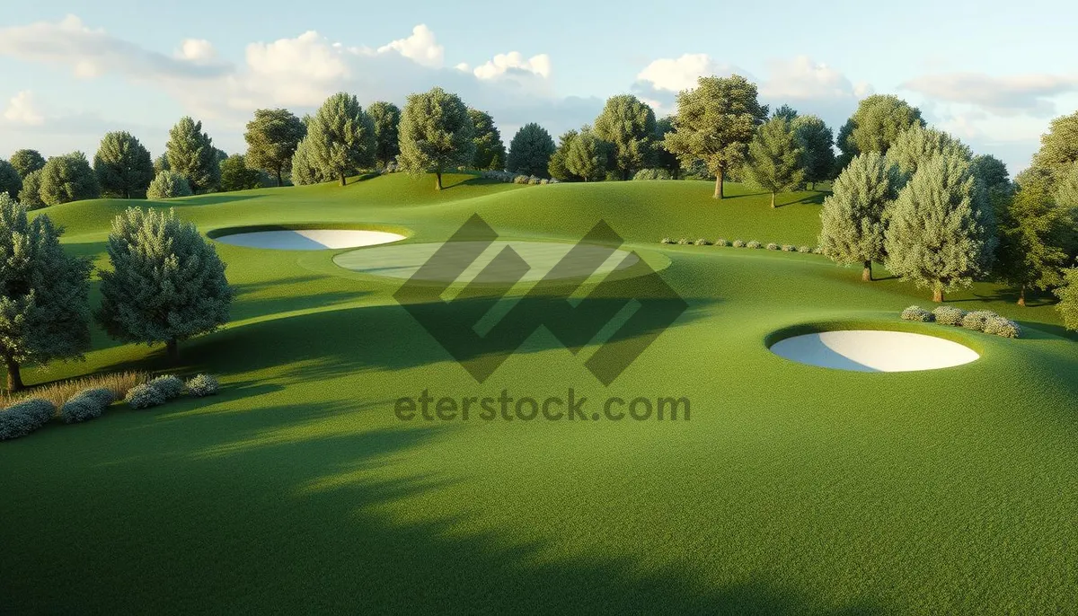 Picture of Golf Course Flag on Green Meadow with Trees