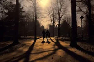 Winter park bench under sunny sky.